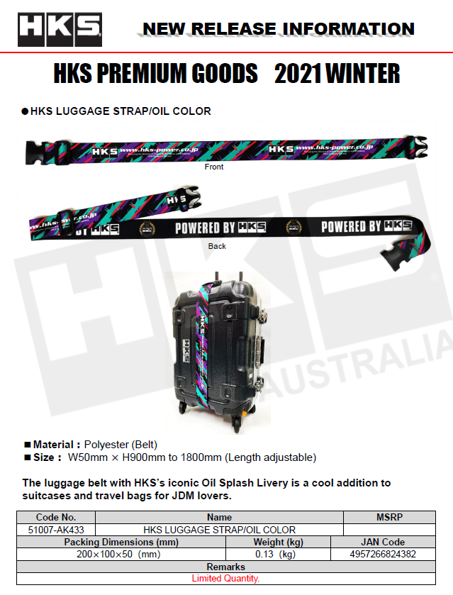HKS Luggage Strap Oil Splash Colour ~ Cool Addition To Suitcases & Travel Bags For JDM Lovers