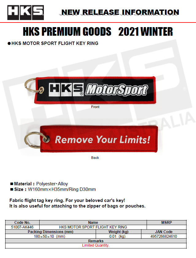 HKS Motorsport Flight Tag Key Ring ~ Remove Your Limits